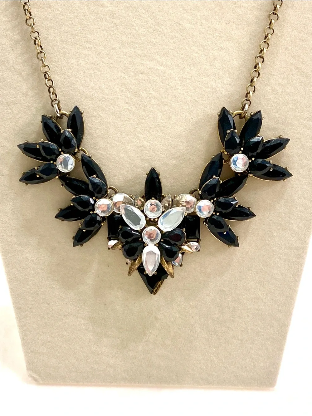 J. Crew Black and Clear Crystal Floral Statement Necklace